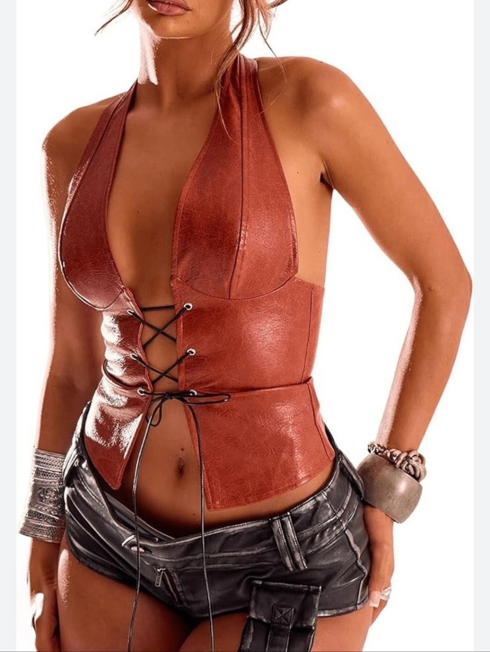 Lace-Up Leather Halter Neck Corset Top in Rust Medium